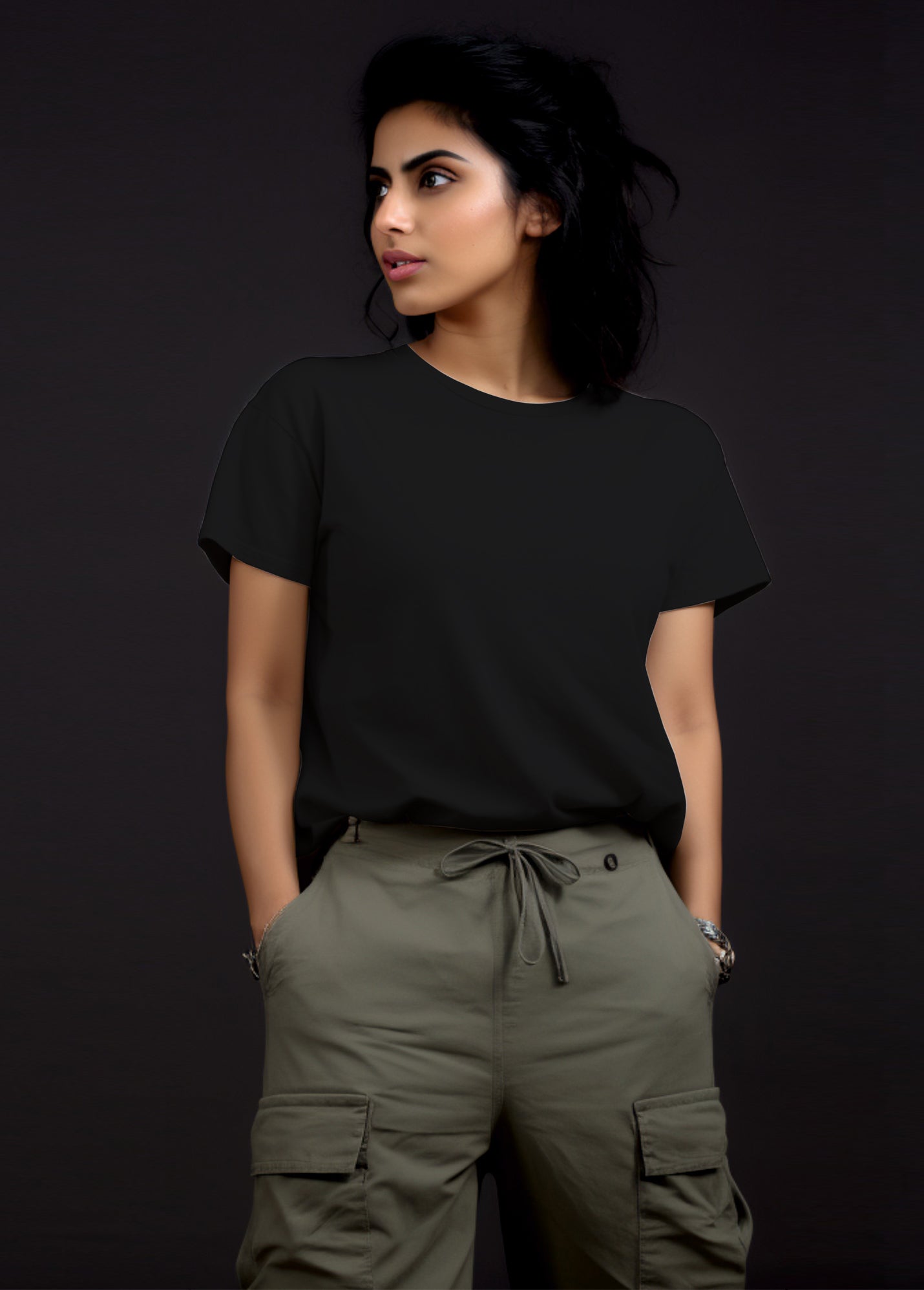 Womens Crew Neck Ruffty T-shirt - Black