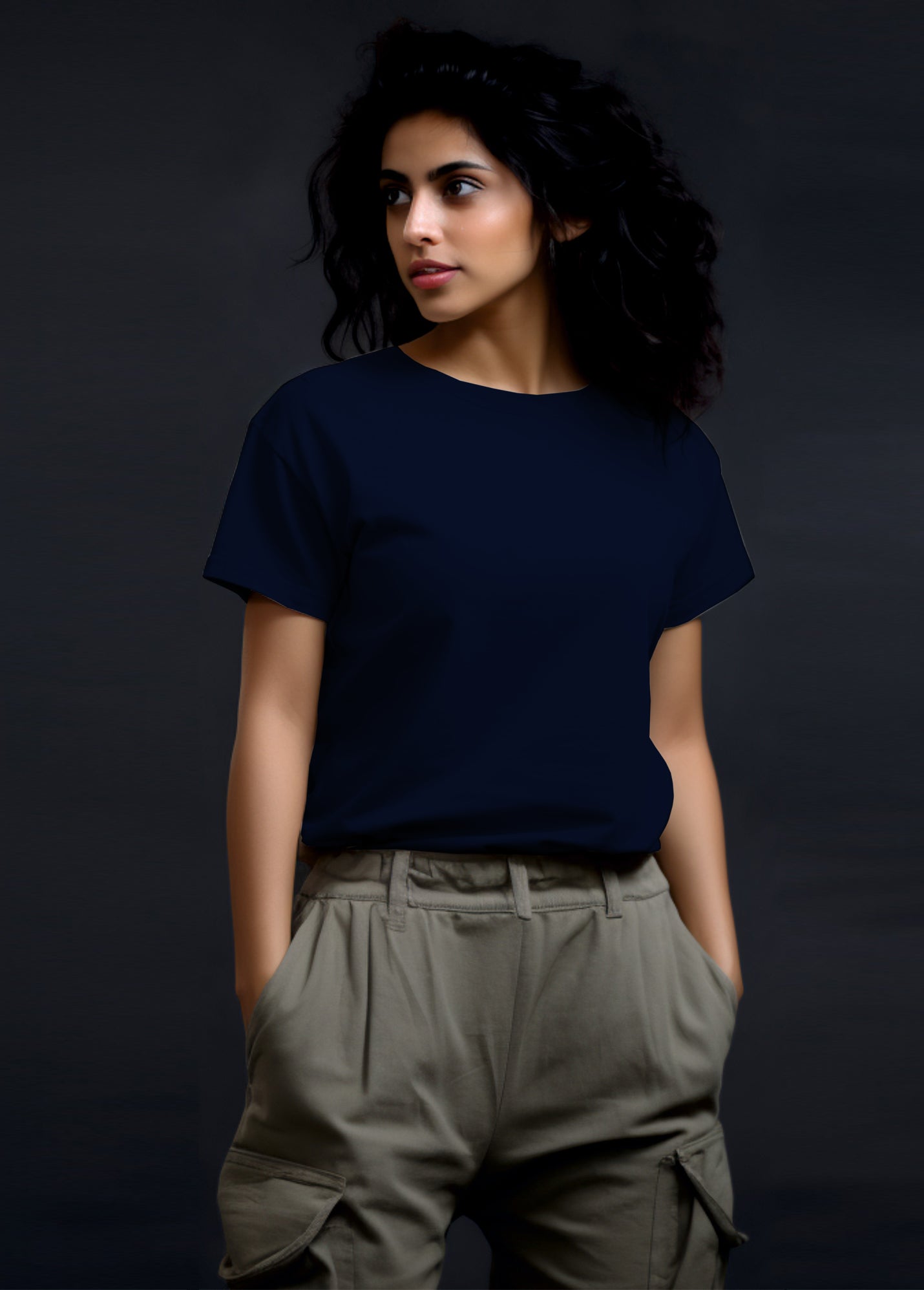Womens Crew Neck Ruffty T-shirt - Navy Blue