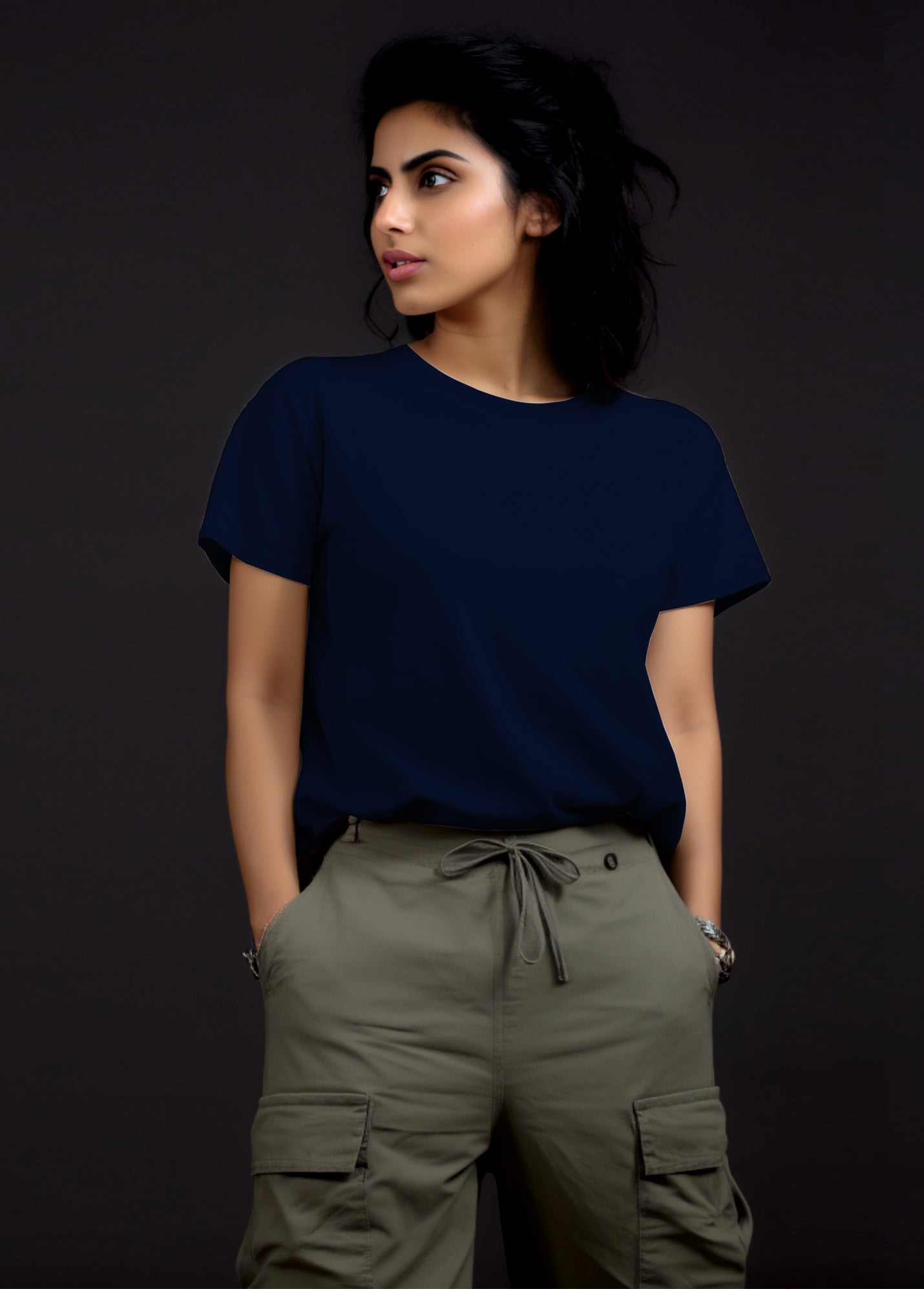 Womens Crew Neck Ruffty T-shirt - Navy Blue