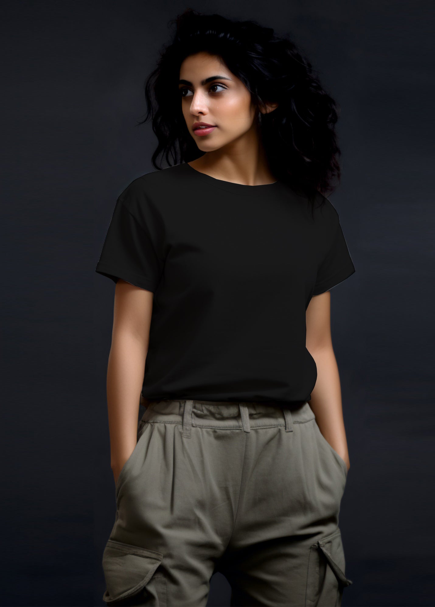 Womens Crew Neck Ruffty T-shirt - Black